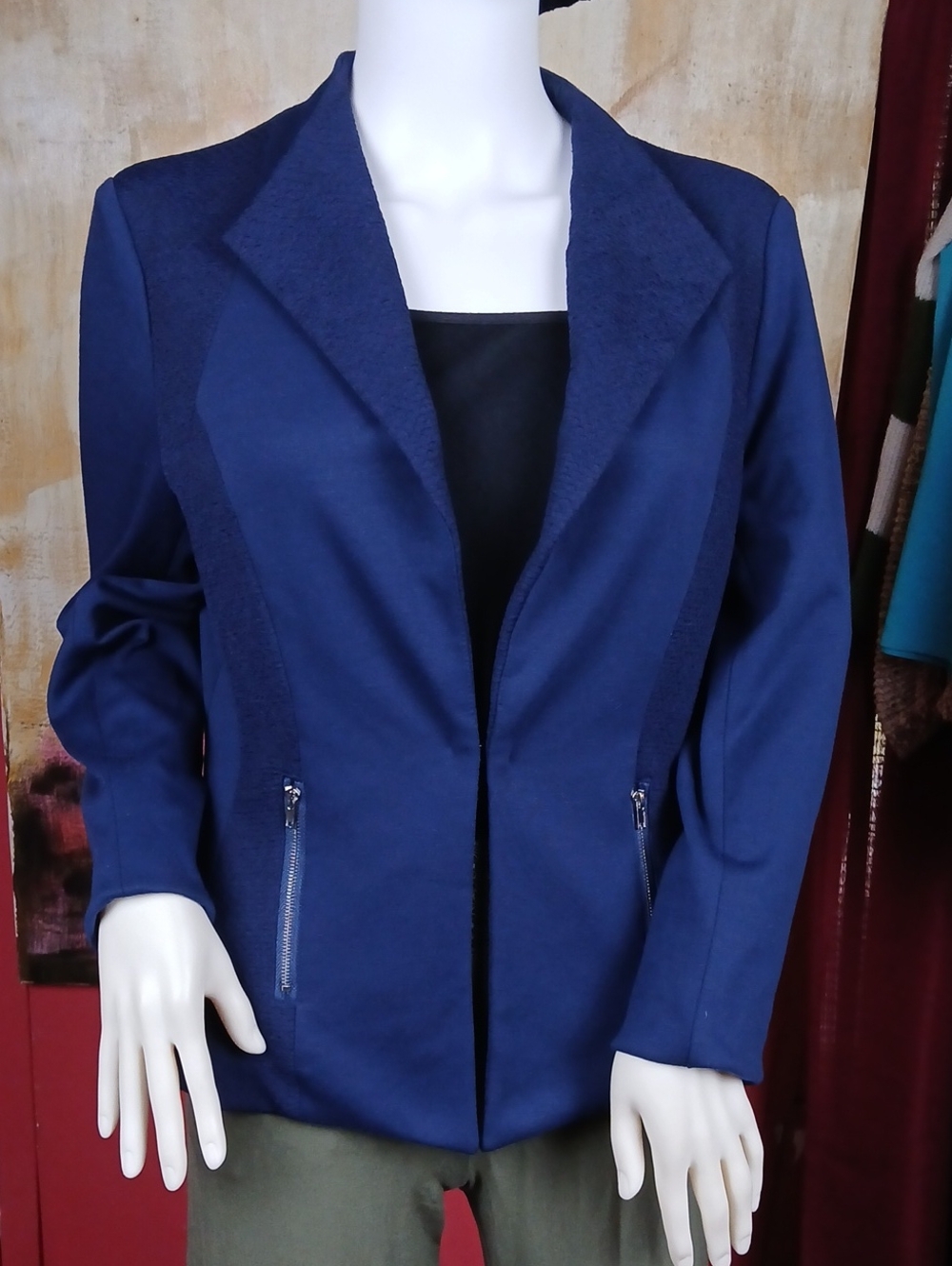 Kate & Rosy Navy Blue Mixed Texture Open Front Hook Closure Jacket